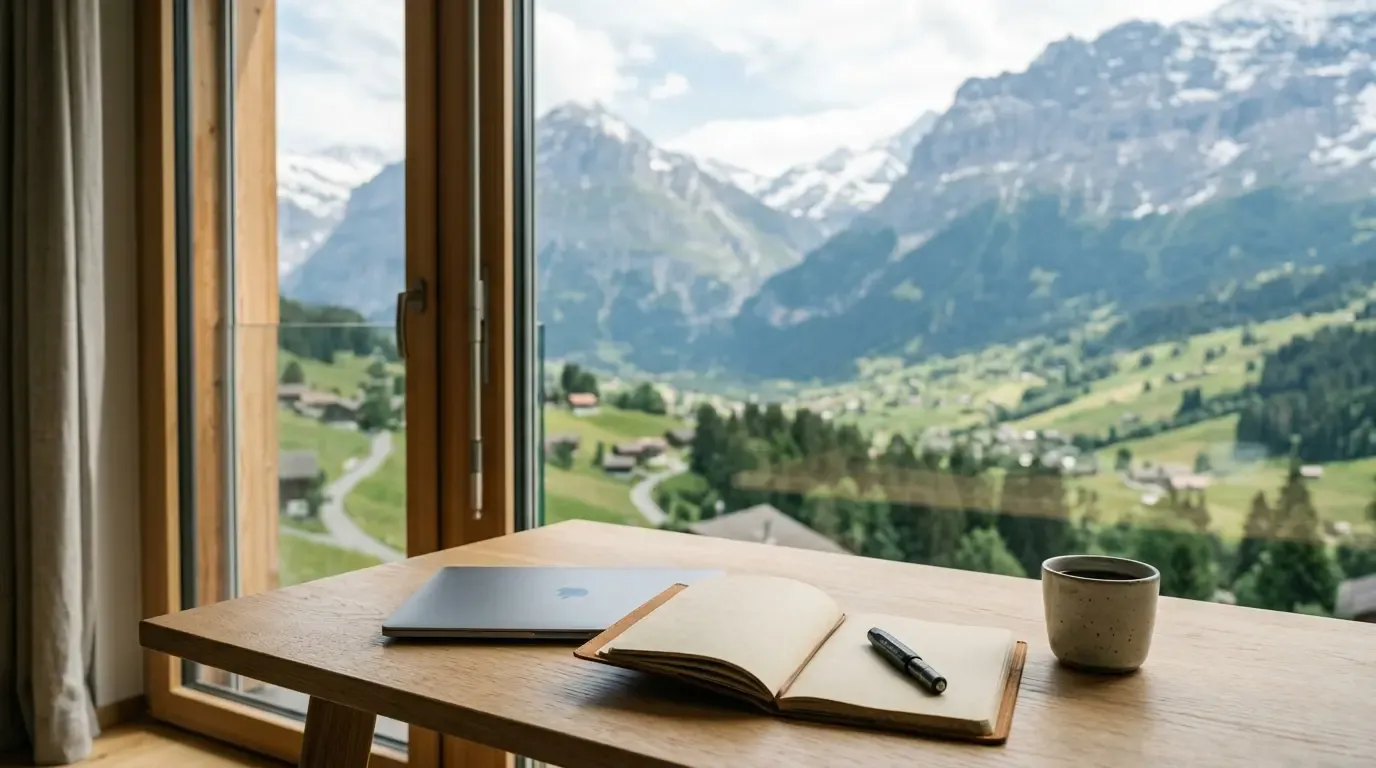 Überblick aus einem Schweizer Büro auf eine Berglandschaft, Sinnbild für CRM-Beratung.