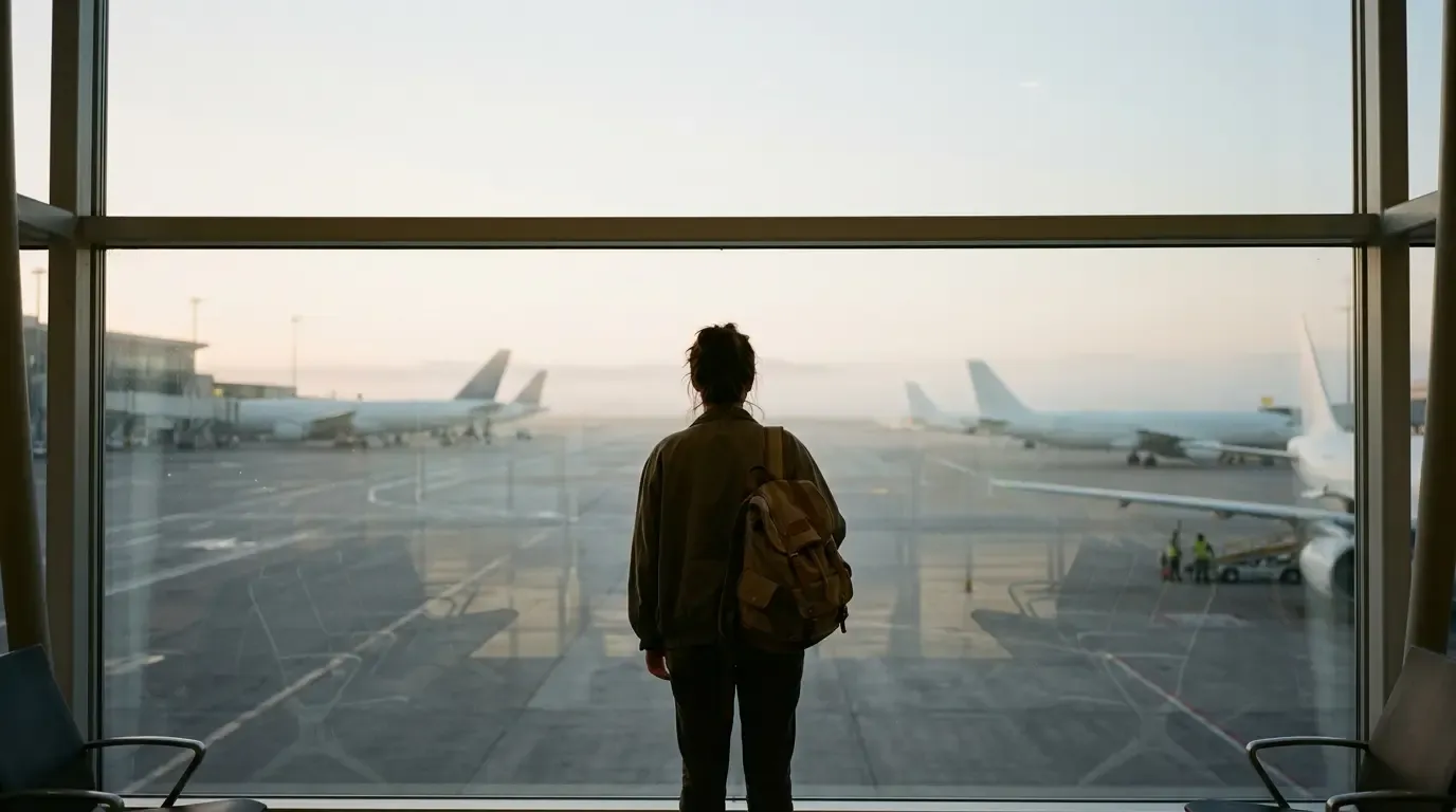 Reisende von hinten am Flughafenfenster, Moment zwischen Buchung und Ankunft.