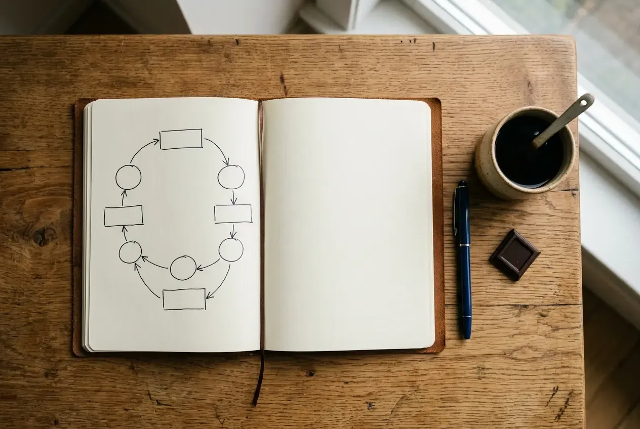 Handgezeichnete Systemlandkarte in einem Notizbuch, CRM als Betriebssystem verstanden.