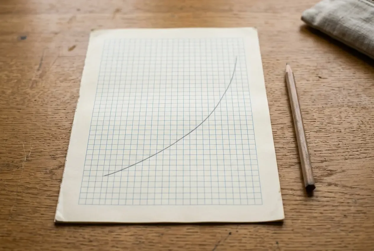 Handgezeichnete Wachstumskurve auf Millimeterpapier, Kundenwert entfaltet sich über Zeit.