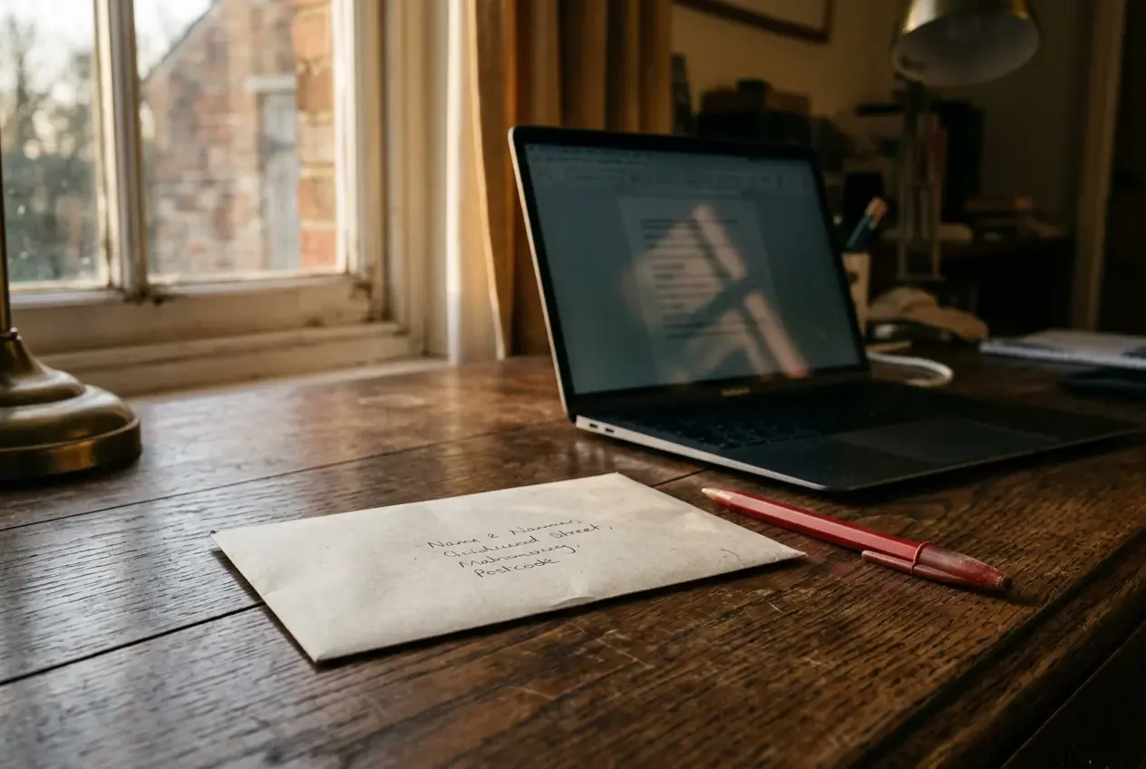 Laptop und handbeschriftetes Kuvert, der Moment vor dem Versand.