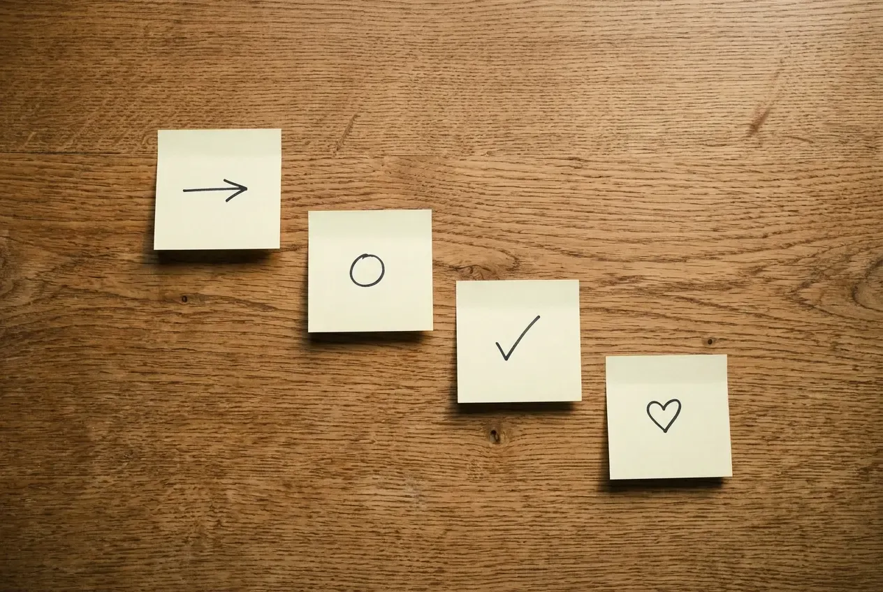 Post-it-Linie auf einem Holztisch, Customer Journey als Spur aus Symbolen.